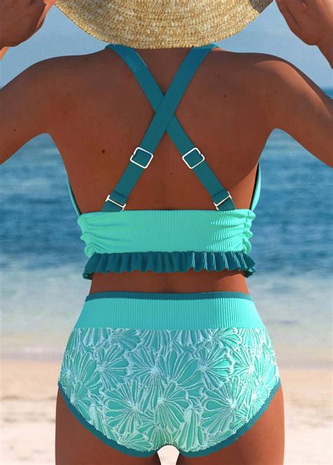 Jacquard Mid Waisted Cyan Bikini Set Modlily USD 36 98
