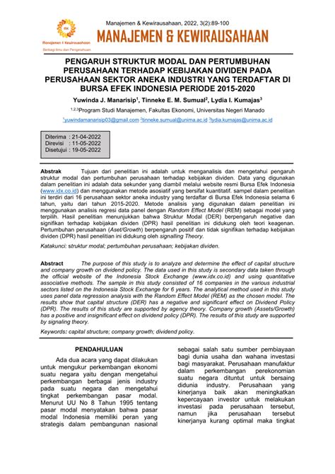 Pdf Pengaruh Struktur Modal Dan Pertumbuhan Perusahaan Terhadap