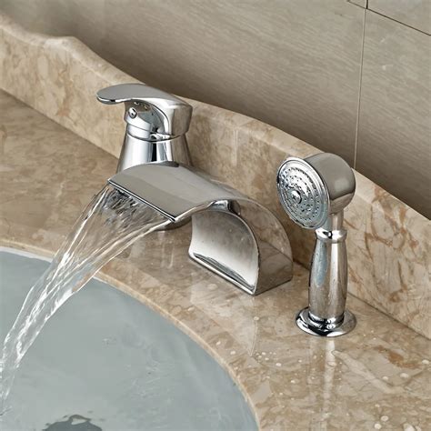 Modern Waterfall Curve Spout Roman Tub Faucet Deck Mount 3pcs Bathroom ...