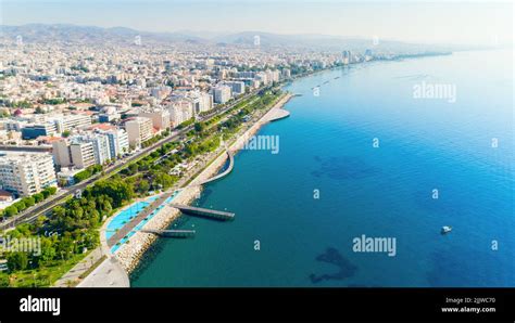 Aerial View Of Molos Promenade Park On The Coast Of Limassol City