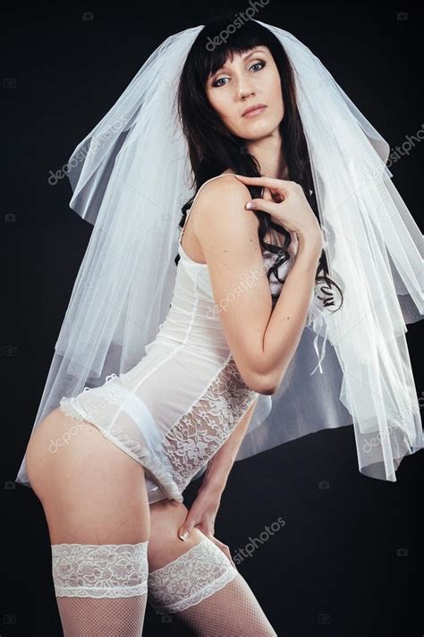 Sexy Beautiful Nude Bride With Veil In White Erotic Lingerie On A Black Background Beauty