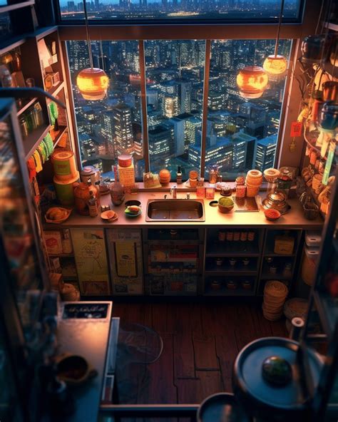 High Ceiling Cyberpunk Kitchen