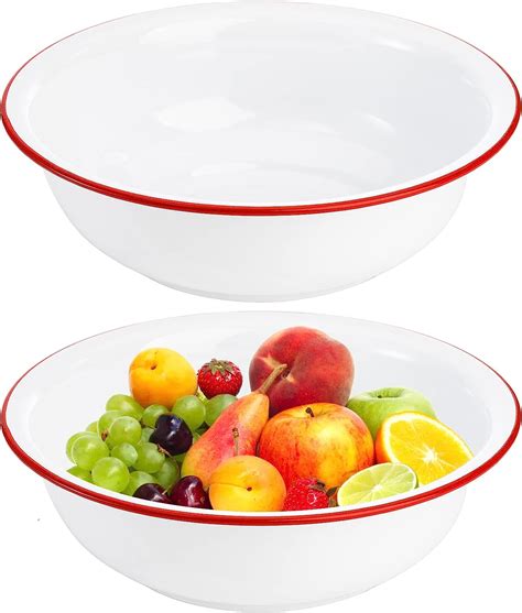 Elsjoy 2 Pack 28cm Enamel Bowl 3 Quart Large Enamel Mixing Bowl White