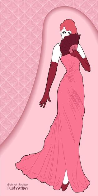 Ilustração de moda retrô mulher em vestido longo e cores rosa leque