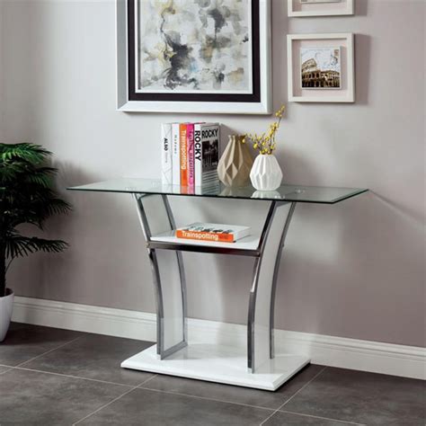 Bowery Hill Contemporary Glass Top Sofa Table In Glossy White