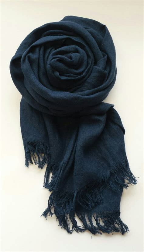 Navy Blue Linen Scarf Natural Flax Scarf Indigo Blue Scarf Etsy