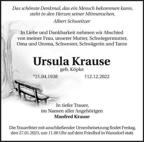 Traueranzeigen Von Ursula Krause M Rkische Onlinezeitung Trauerportal