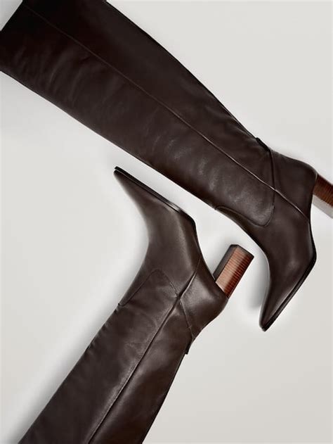 Brown Leather Boots With Wooden Heels Women Massimo Dutti Brown