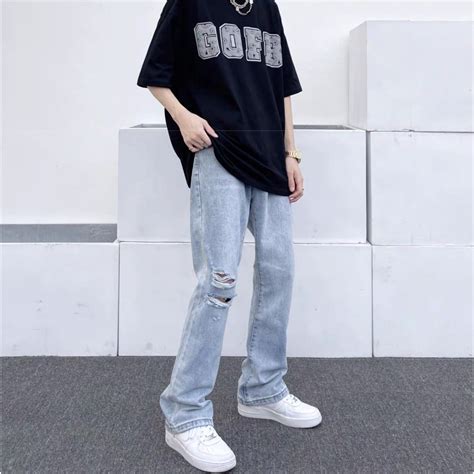 Mua Quần Jean Nam Rách Gối Ống Loe Màu Xanh Quần Bò Nam Đẹp Cao Cấp HOT TREND giá rẻ nhất