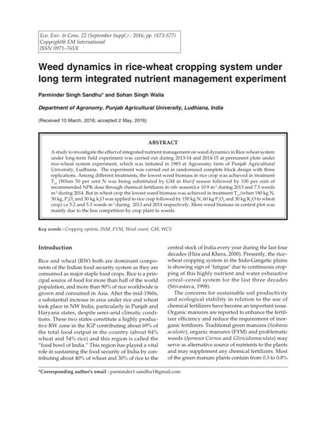 Pdf Weed Dynamics In Rice Wheat Cropping System Under Long Term Integrated Nutrient Management