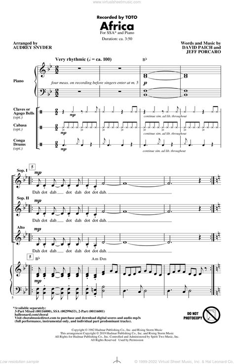 Toto Africa Arr Audrey Snyder Sheet Music For Choir Ssa Soprano