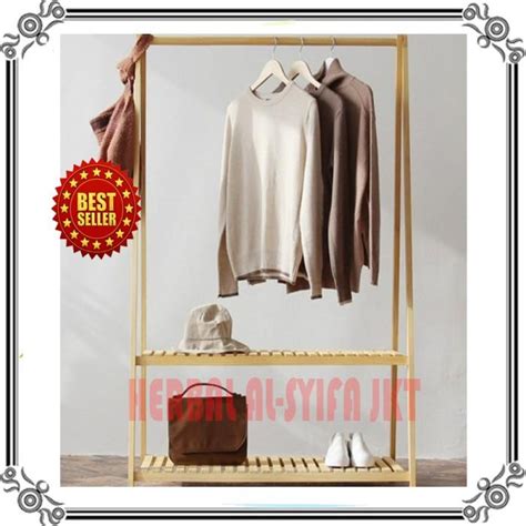 Jual Stand Hanger Tingkat Gantungan Baju Kayu Rak Serbaguna