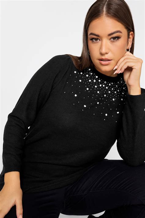 Plus Size Black Diamante Embellished Soft Touch Top Yours Clothing