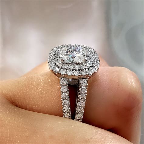 1 9ct Cushion Cut Natural Diamond Double Halo Pave Split Shank