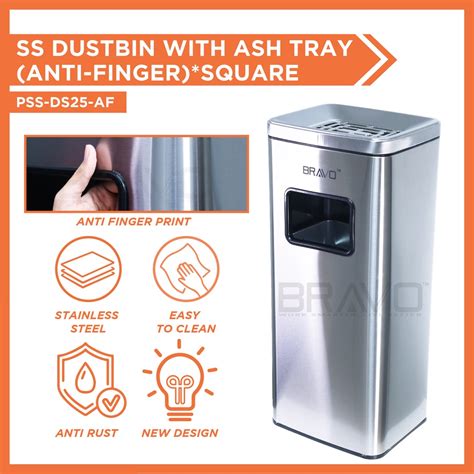 Bravo Stainless Steel Dustbin With Ashtray Tong Sampah Stainless Steel