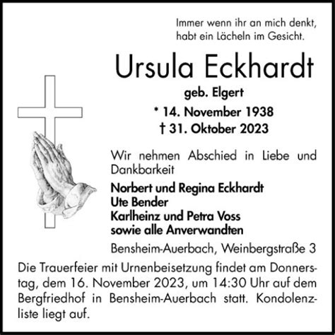 Traueranzeigen Von Ursula Eckhardt Trauerportal Ihrer Tageszeitung