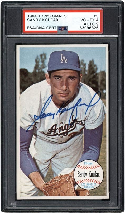 Signed 1964 Topps Giants 3 Sandy Koufax PSA VG EX 4 Auto 9