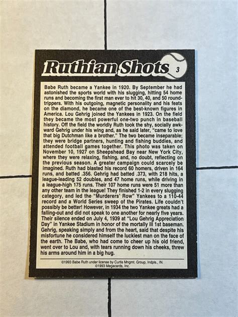 Babe Ruth 1993 Megcards Ruthian Shots 3 New York Yankees Baseball Card EBay