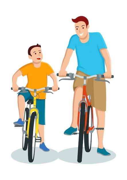 Cartoon Of Father And Son Riding Bicycle Premium Vector