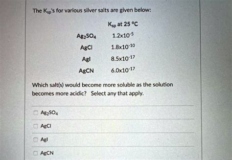 Solved The Ksp Values For Various Silver Salts Are Given Below Ksp At