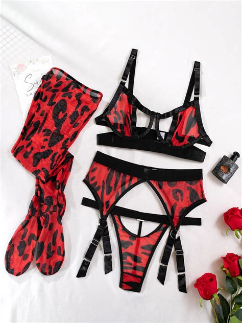 Bra Panty Sets Pink Cut Out Leopard Print Sheer Piece Sexy Adult S Lingerie Milanoo