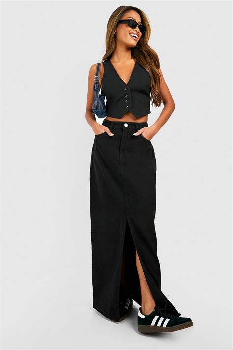 Denim Split Front Maxi Skirt Boohoo Uk