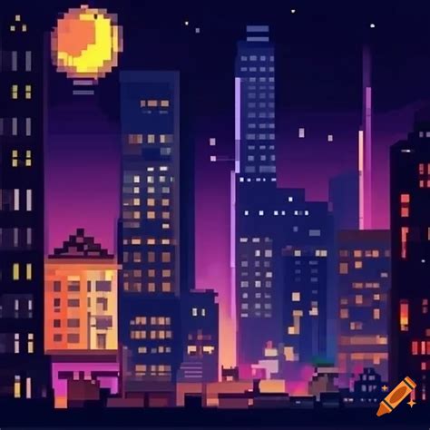 Pixel Art City At Night Scene On Craiyon