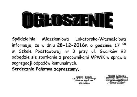 ogloszenie Spółdzielnia Mieszkaniowa Lokatorsko Własnościowa im Dr