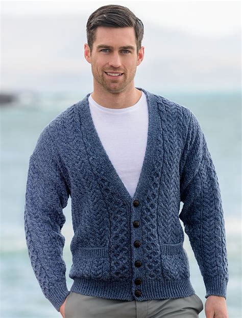 Aran Mens V Neck Cardigan Mens Chunky Knit Cardigan