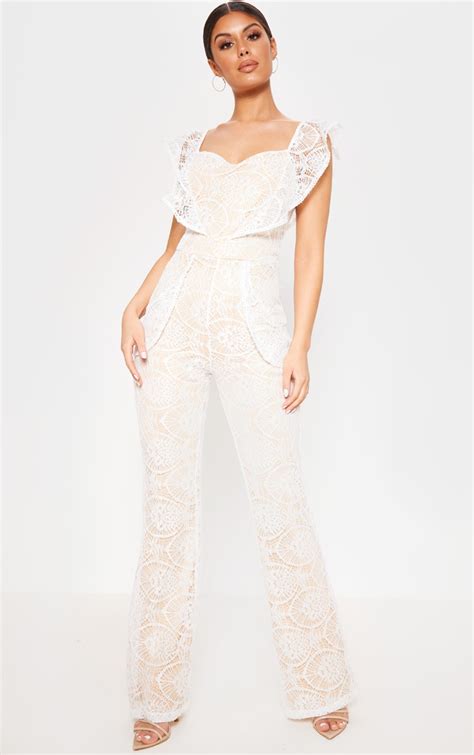 White Lace Frill Sweetheart Neckline Jumpsuit Prettylittlething Ca