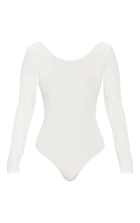 Cream Rib Scoop Back Bodysuit Tops Prettylittlething Usa