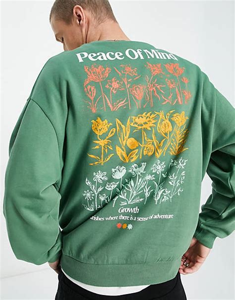 Asos Design Oversize Sweatshirt In Grün Mit Floraler Linienzeichnung