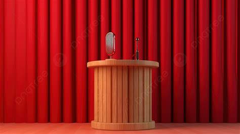 Wooden Podium With Microphone In D Rendering Against Red Curtain