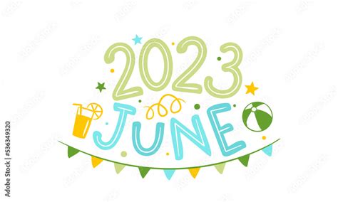 June 2023 logo with hand-drawn ball, lemonade, stars and garland ...