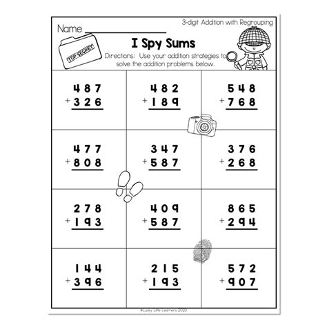 grade math worksheets  digit addition  regrouping  spy