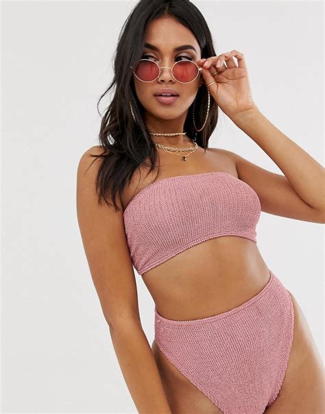 Asos Synthetic Mix And Match Crinkle Bandeau Bikini Top In Shiny Dusky