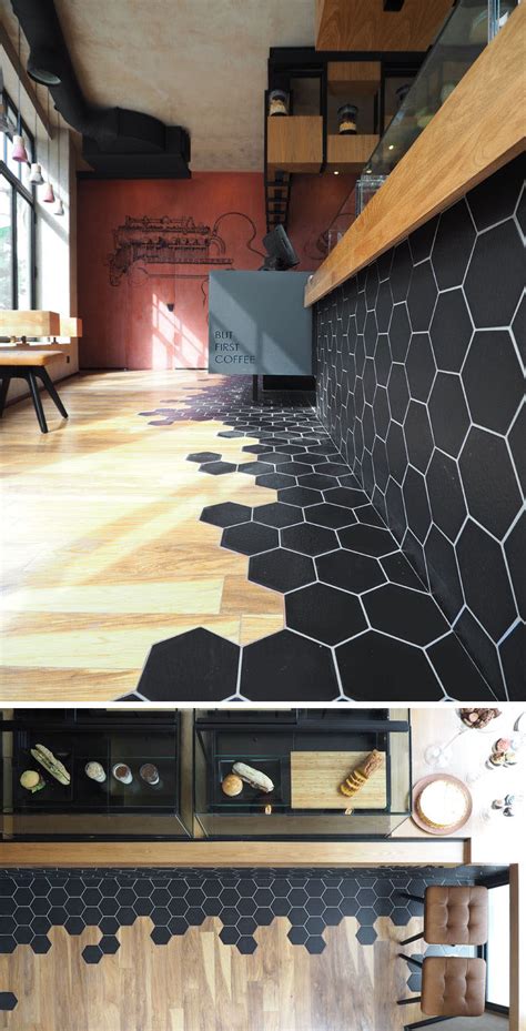 Hexagon Tiles Transition Into Wood Flooring Inside This Cafe In Greece