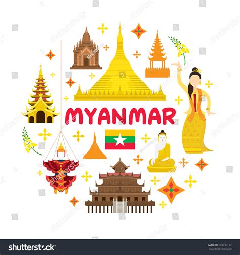 Myanmar Travel Attraction Label Landmarks Tourism Stock Vector Royalty Free 593230127