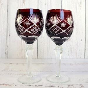 Japanese Cut Crystal Hock Wine Glasses Goblets Burgundy Ruby Red Edo