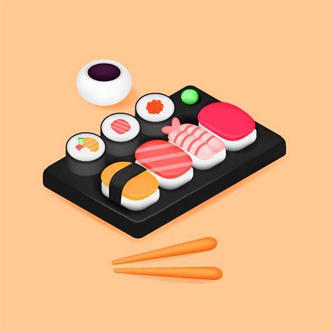 Conjunto Realista De Comida Asi Tica De Sushi De Dibujos Animados En D