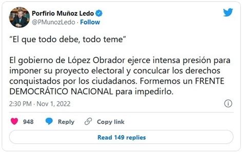 “el Que Todo Debe Todo Teme” Muñoz Ledo Llama A Formar Frente Contra Reforma Electoral De Amlo