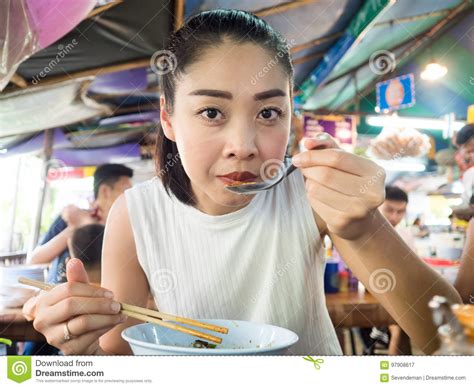 Asian Woman Eating Noodle In Thai Local Restaurant Stock Image Image