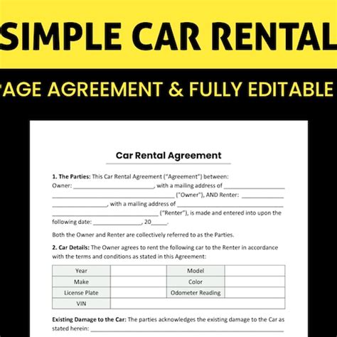 Car Rental Agreement Vehicle Rental Agreement Car Rentals Etsy Canada