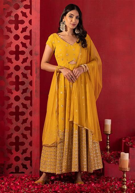 Buy Women Mustard Yellow Mirror Sequin And Zari Embroidered Anarkali Suit With Mesh Dupatta