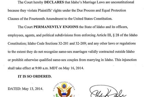 Federal Magistrate Judge Strikes Down Idaho Same Sex Marriage Ban