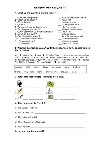 Yr7 French Revision Worksheet Teaching Resources