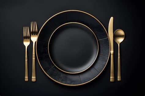 A Black Plate With Gold Trim And A Silver Fork And Knife On It