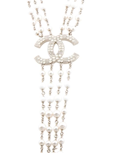 Chanel 2019 Faux Pearl, Resin, & Strass CC Multistrand Necklace - Silver, Palladium-Plated Bead ...