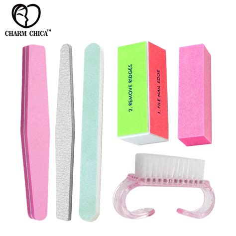 Charm Chica 6pcs Nail File Block Pink Cleaning Brush Manicure Tool Nail