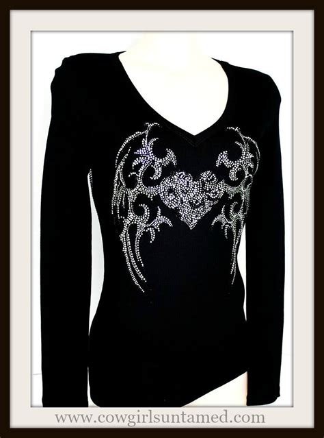 Cowgirl Gypsy Rhinestone Angel Wing Heart V Neck Long Sleeve Ribbed